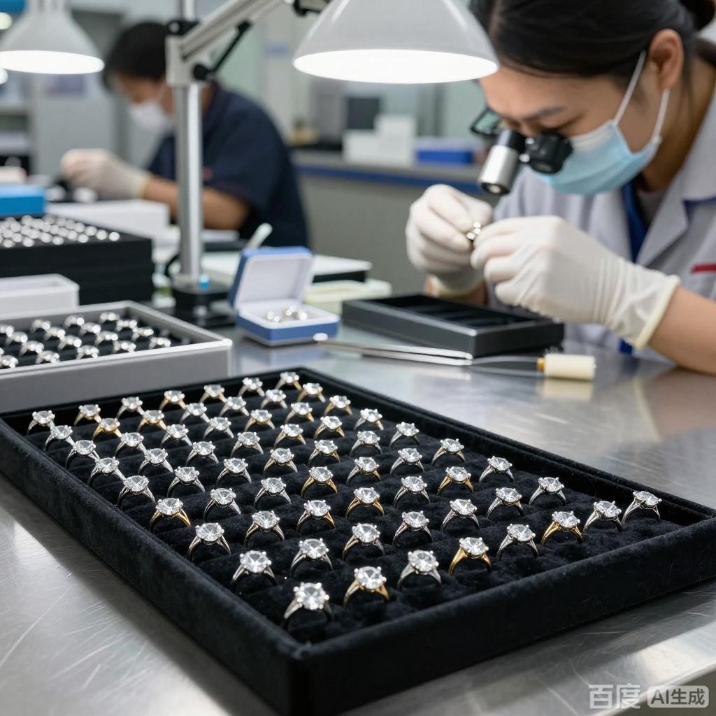 Moissanite engagement rings wholesale display on velvet trays, HOLYCOME factory QC inspection, Wuzhou China