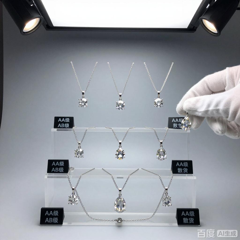 Wholesale moissanite necklaces bulk collection showing pendants and chains in jewelry display for B2B buyers