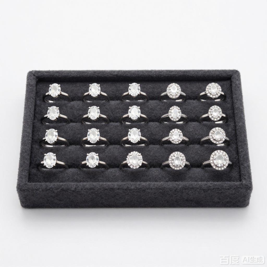 Wholesale moissanite rings in bulk display showing solitaire and halo engagement rings ready for B2B shipment