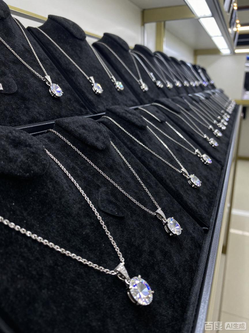 Moissanite tennis necklaces wholesale display on velvet stands, HOLYCOME factory, premium moissanite jewelry for B2B buyers